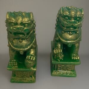 Small Faux Metallic Jade Green Resin Foo Dog Guardian Statue Pair 4” Tall